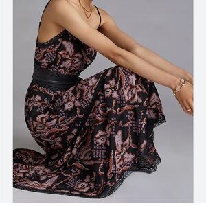 Anthropologie Black and Pink Floral Midi Dress